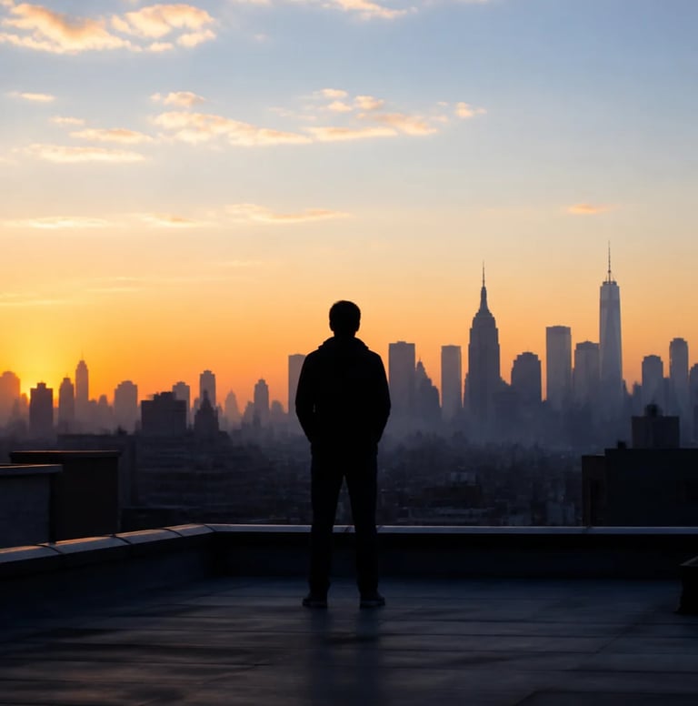 Silhouette of a person standing on a rooftop viewing the New York City skyline at sunrise or sunset